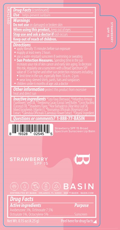 Basin Strawberry Spf 15 Broad Spectrum Sunscreen Lip Balm 0.15 Oz Label (Lm34246d Pl109s Basin Strawberry Spf 15 Broad Spectrum Sunscreen 2025 1 27 Ol)